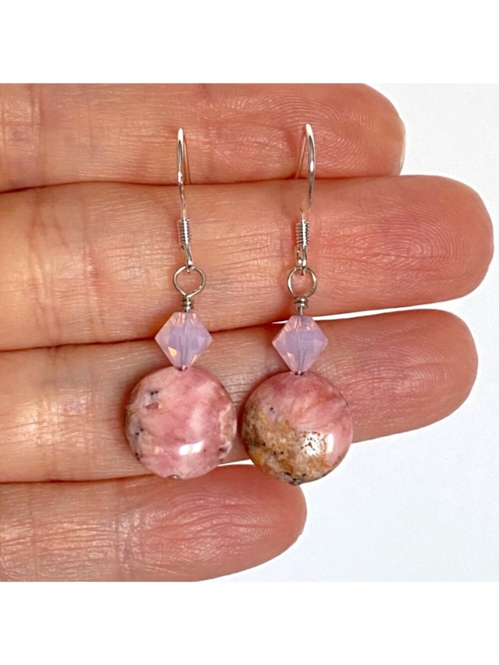 Rhodochrosite Gemstone Swarovski Crystal Silver Plate Dangle Pierced Earrings